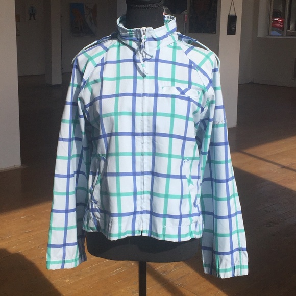 Liz Claiborne Windowpane patchwork blue sports/golf jacket with tuck-able hood - Picture 2 of 5